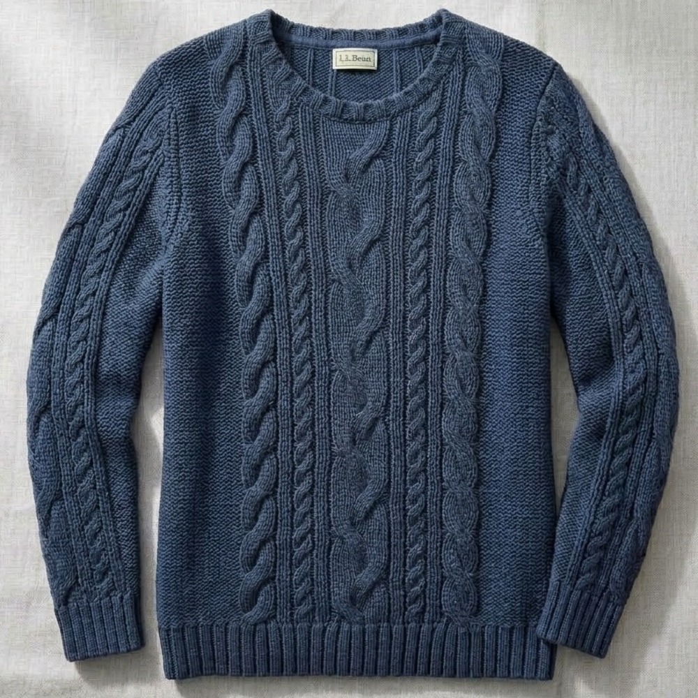 LL Bean Cable Knit Sweater Womens Large Tall Navy Blue Cotton 519025 Heritage